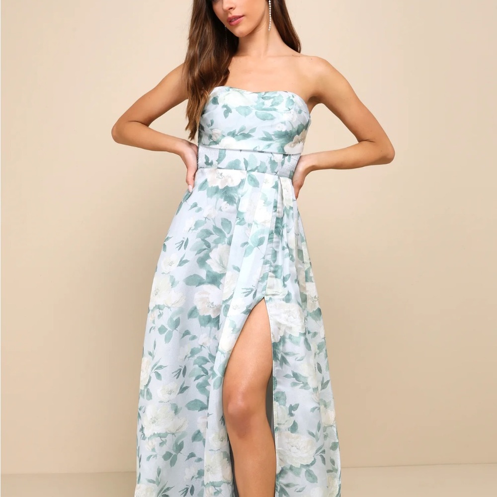 Lulu's Strapless Floral Maxi Dress in Blue and White
